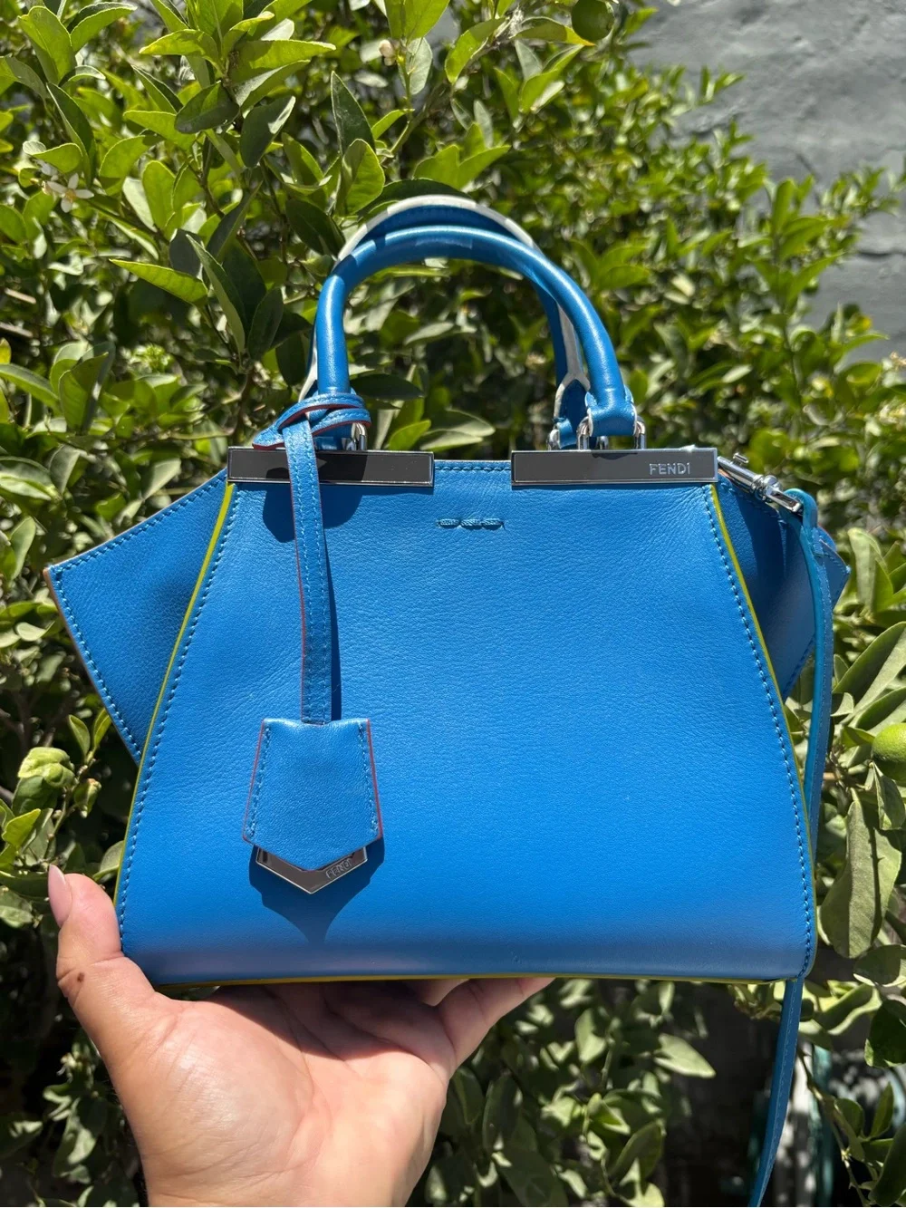 Fendi Electric Blue Leather Satchel with Lime Trim